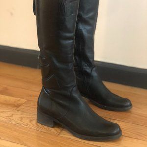 Black leather mid calf slim refined moto style boots